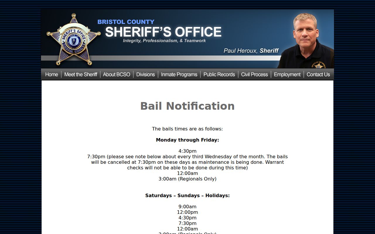 Bristol County warrant records bail window schedule posted by the sheriff's office