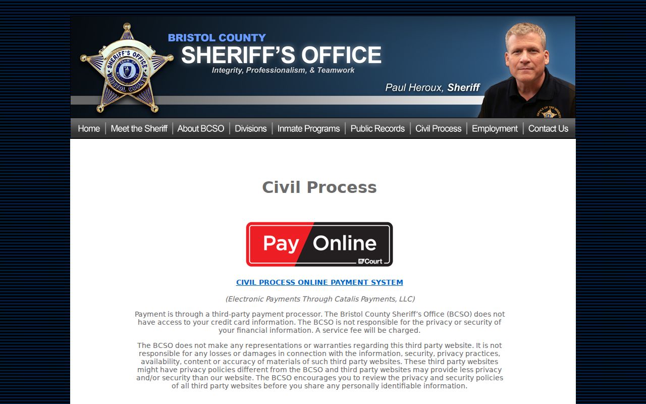 Bristol County warrant records civil process page, which handles capias service rather than criminal warrants