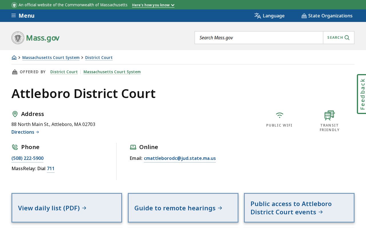 Bristol County warrant records: Attleboro District Court contact panel for city criminal cases