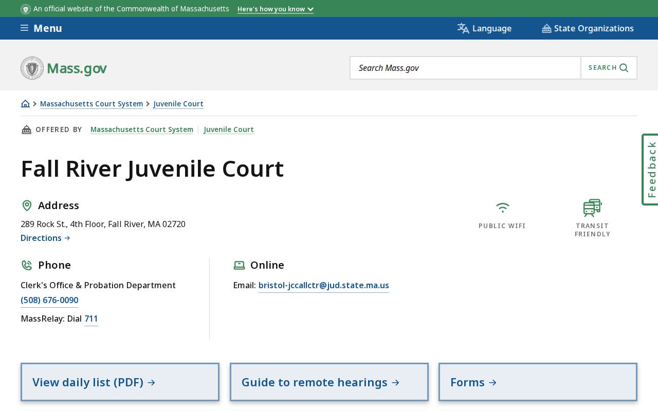 Bristol County warrant records: Fall River Juvenile Court location panel with confidential files