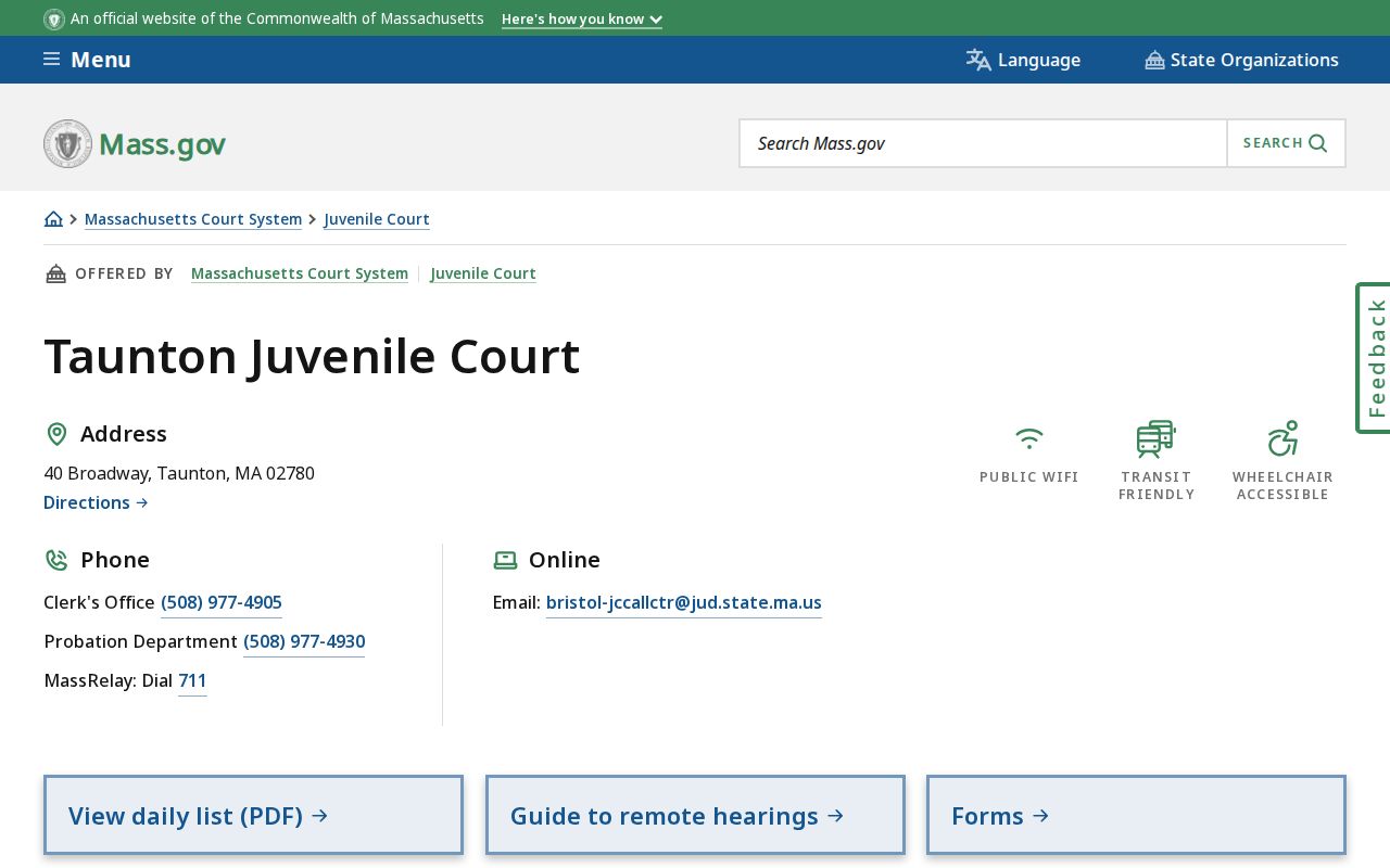 Bristol County warrant records: Taunton Juvenile Court location panel with confidential files