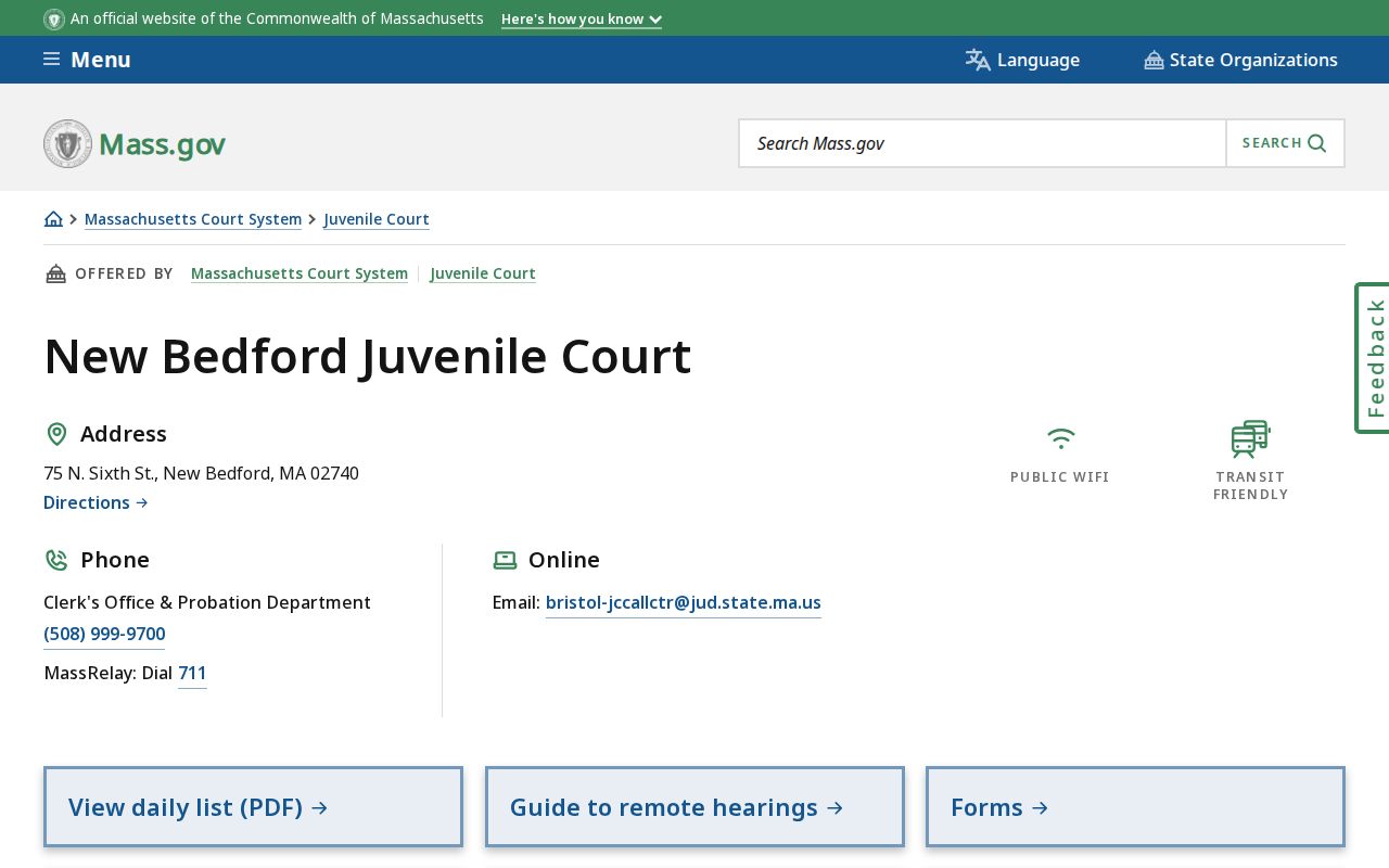 Bristol County warrant records: New Bedford Juvenile Court location panel with confidential records