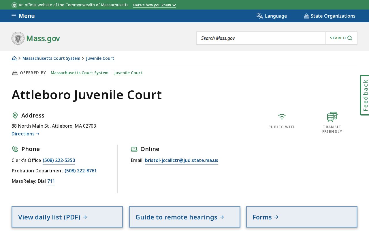 Bristol County warrant records: Attleboro Juvenile Court location panel with confidential files