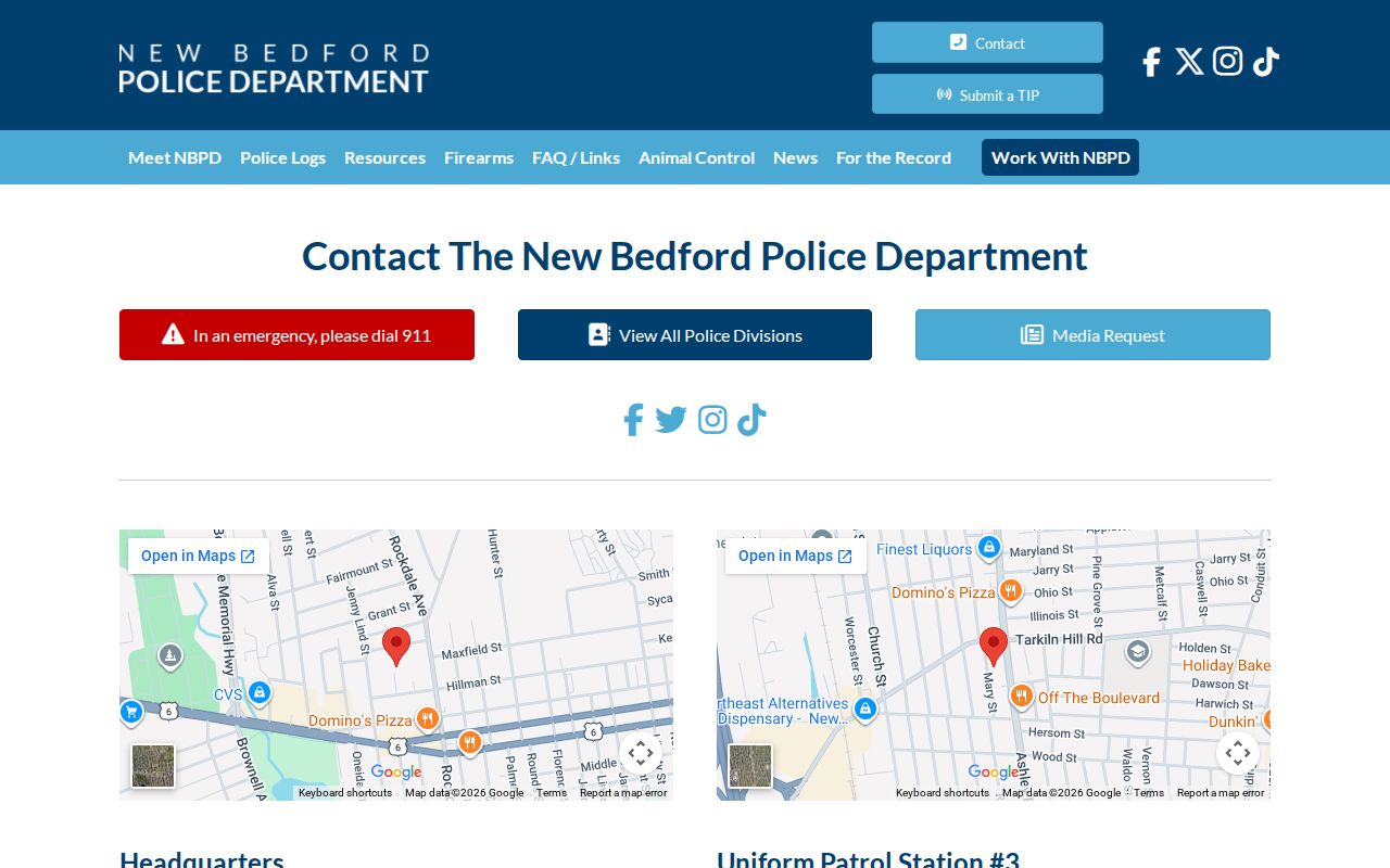 Bristol County warrant records: New Bedford Police headquarters and station contact panel