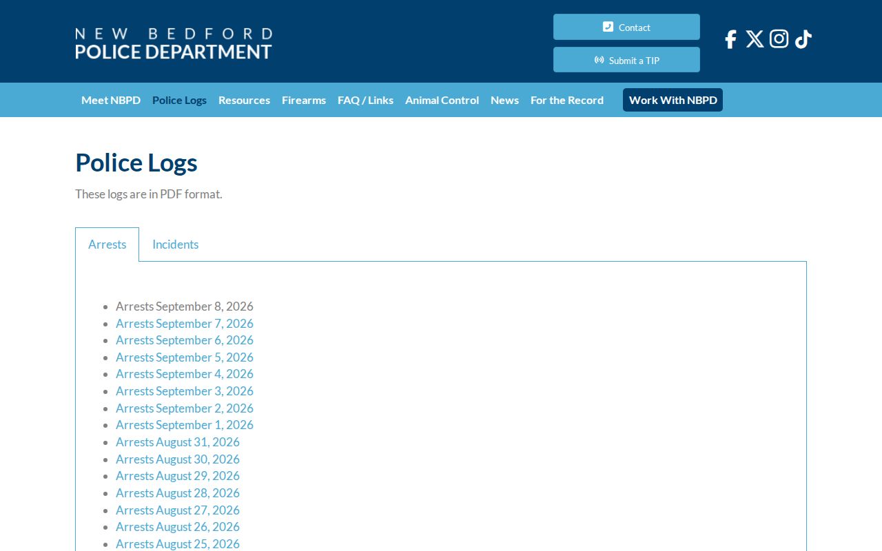 Bristol County warrant records: New Bedford police log archive by date, not a warrant database