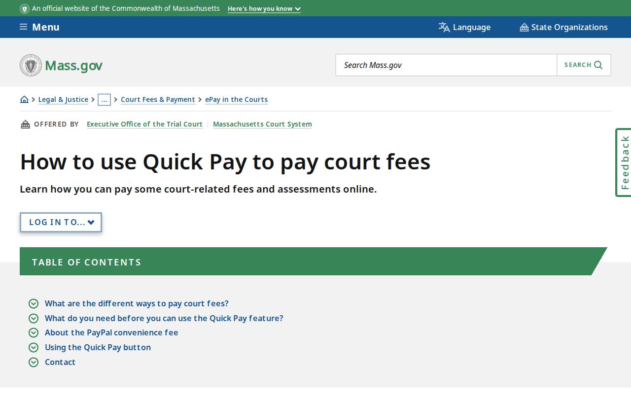 Massachusetts Quick Pay court payment page, which does not clear Bristol County warrant records