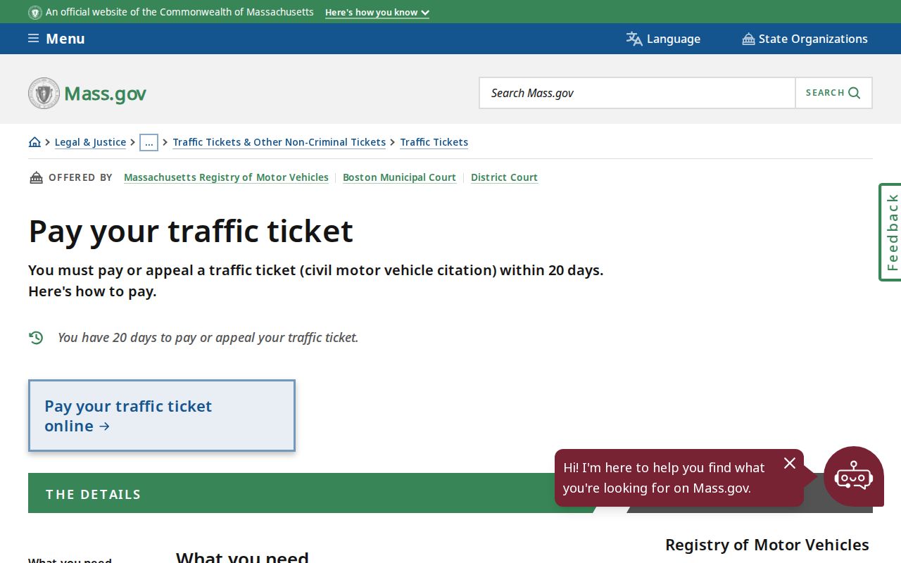 Massachusetts traffic citation response page used to check Bristol County warrant records traffic cases