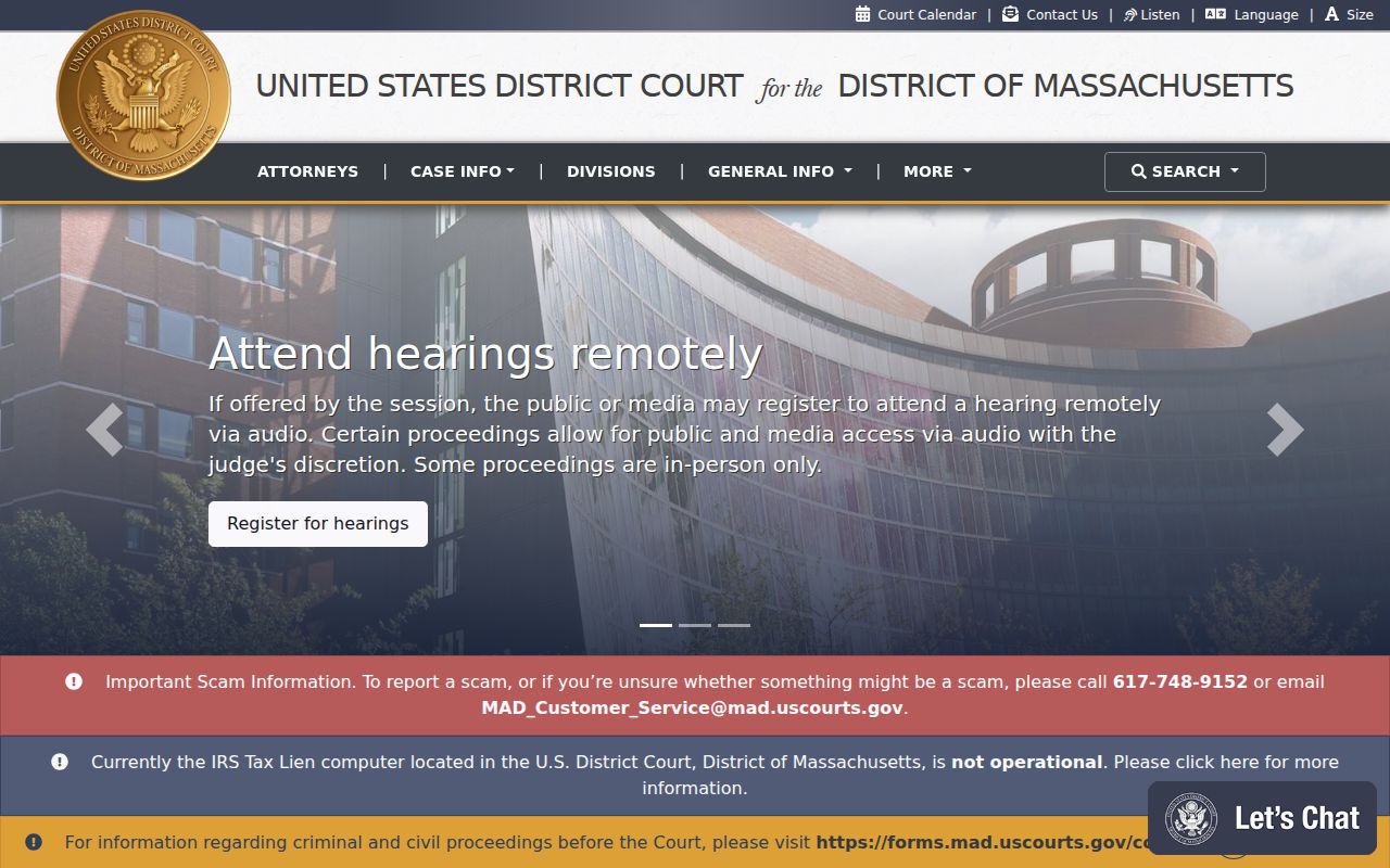 Federal District of Massachusetts court site for Bristol County warrant records research