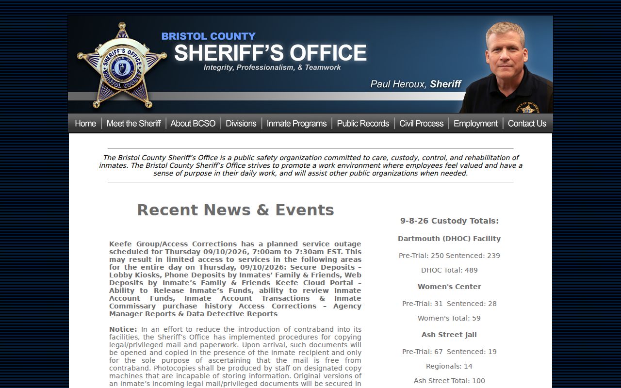 Bristol County warrant records custody and public safety page at the sheriff's office