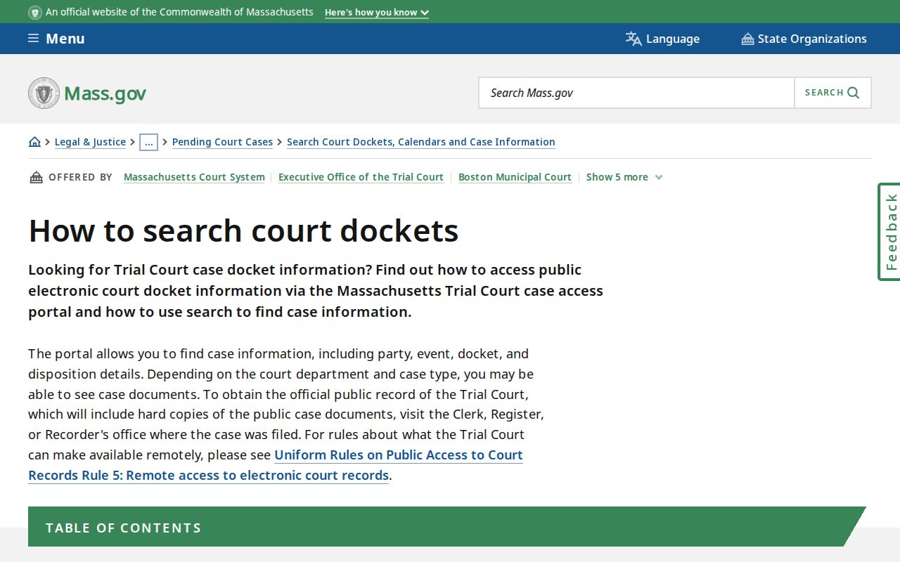 Massachusetts court docket search fields used for Bristol County warrant records