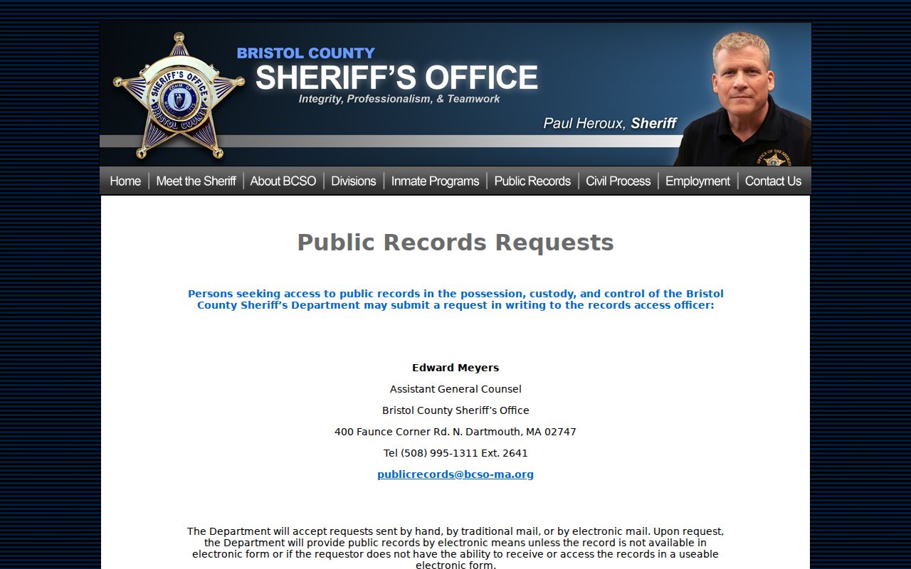 Bristol County warrant records public records request page at the sheriff's office